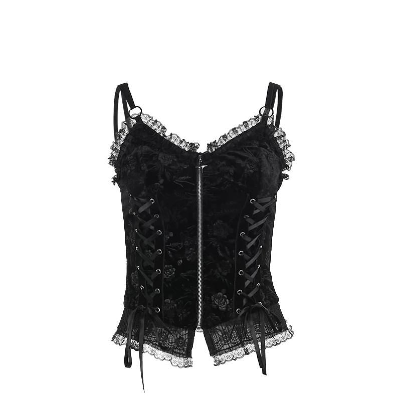 Y2K Goth Black Rose Print Lace-up Camis Tops Vintage Sexy Elegant Backless Zipper Lace Trim Sleeveless Tank Tops Women Fashion