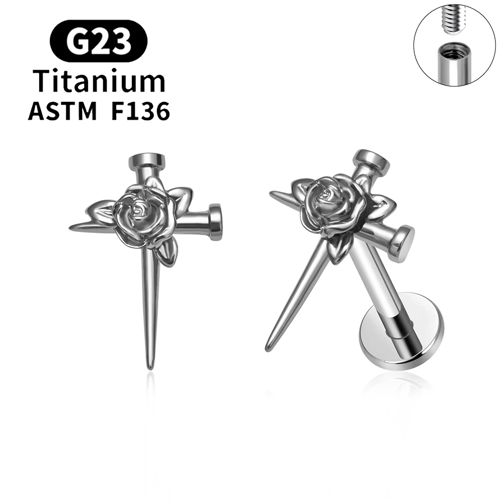 

ASTM F136 Titanium 16G Rose Flower Flat Back Piercing Stud Earring Internal Thread Lip Ear Cartilage Tragus Helix PIERC Jewelry