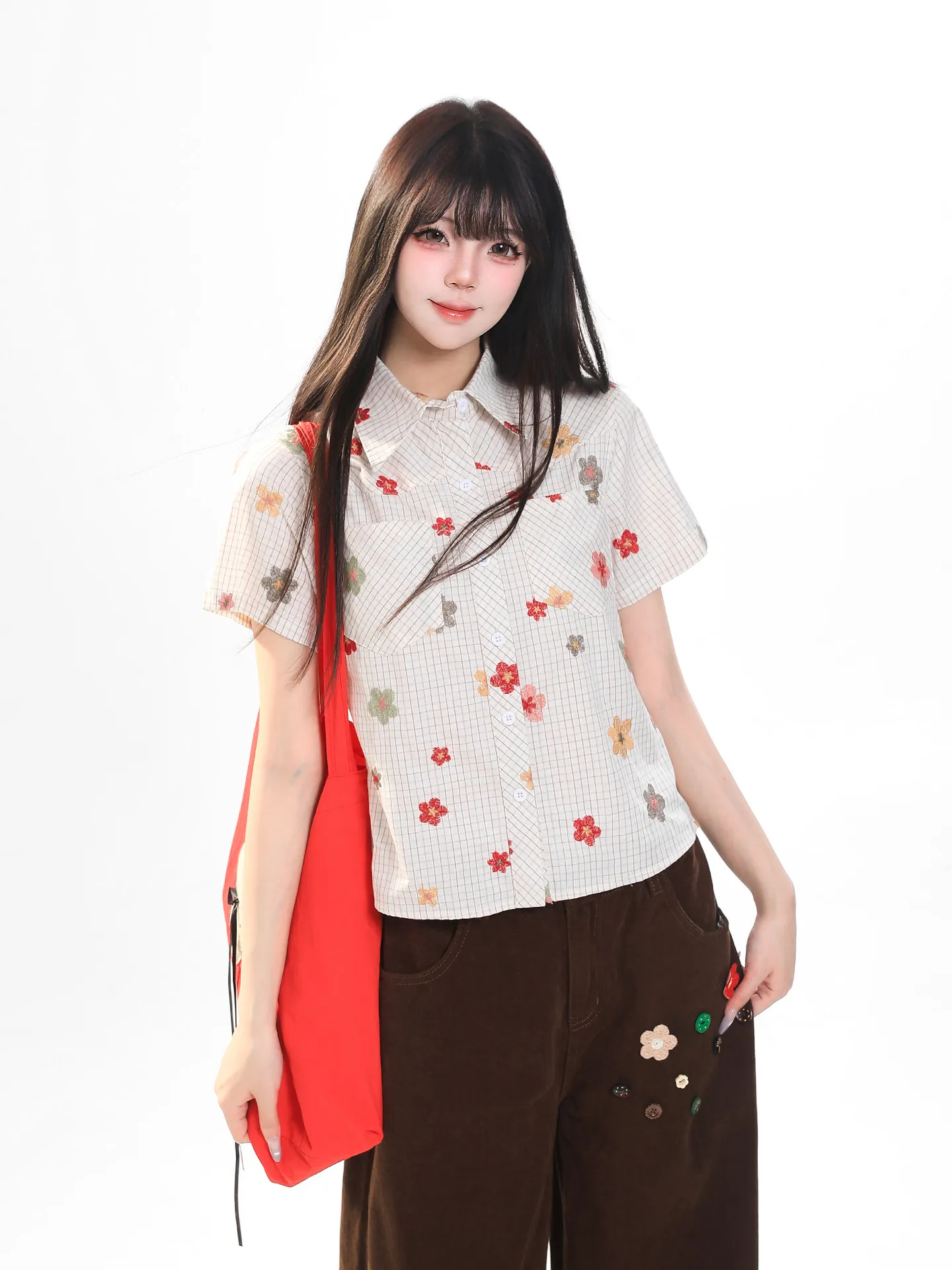 

Korean Style Small Flower Embroidery Short Sleeve Loose Casual Shirt Women Summer Vintage Collar Turn-down Casual Top