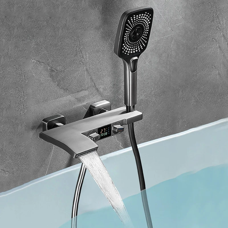 Bathtub Hand-held Shower Handle of  Gray Hanging Wall Type and with Led Digital Display Waterfall Tub Faucet Shower System