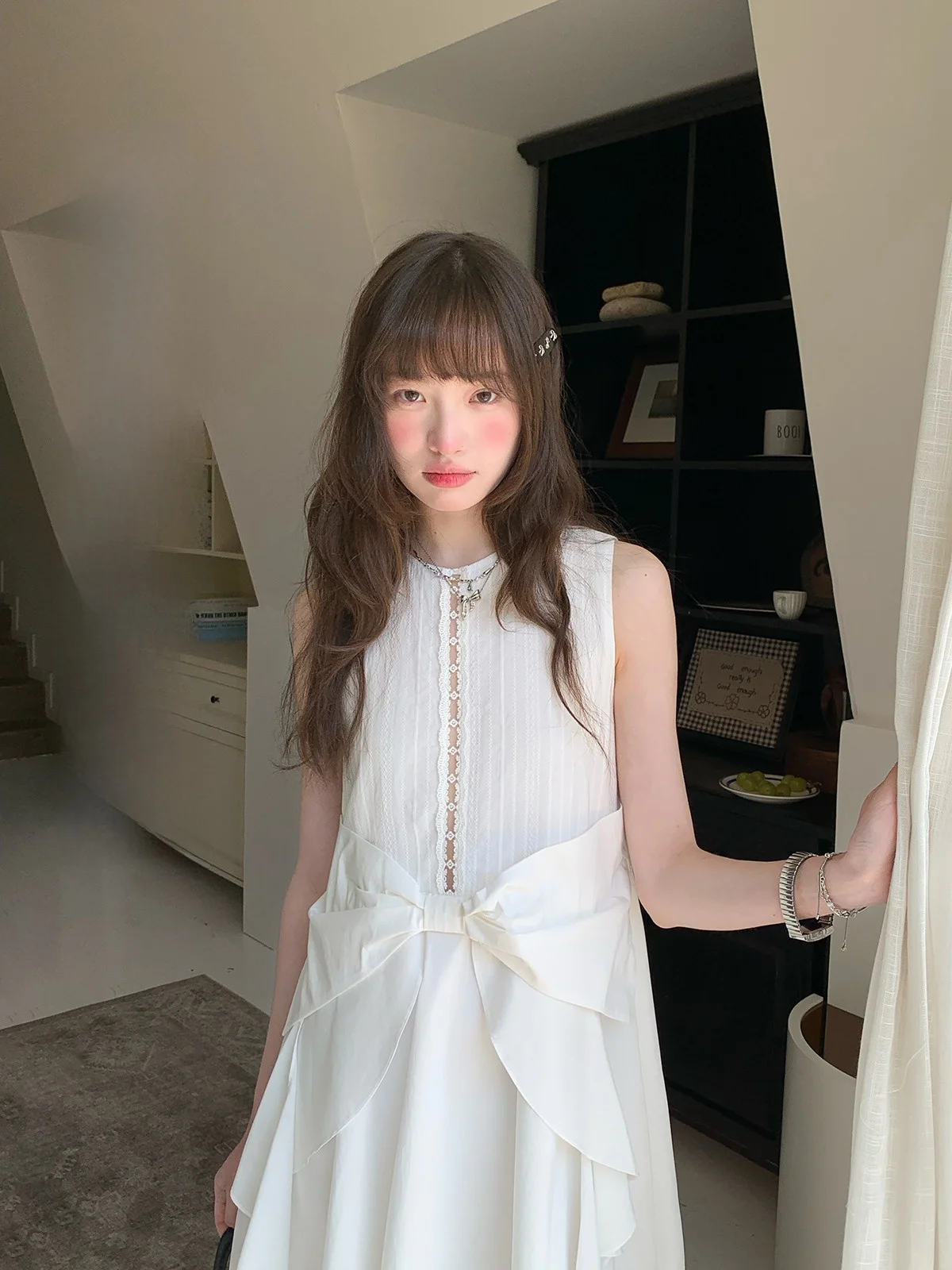 

Cute Knot Summer Slim Fit Cotton Dr Women's Faionable A-Line Skirt Casual round Neline No-Sve Gown