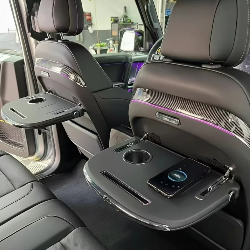 Luxury Car Seat Backrest Folding Table with Wireless Charger Ambient Light Cup Holder and Storage