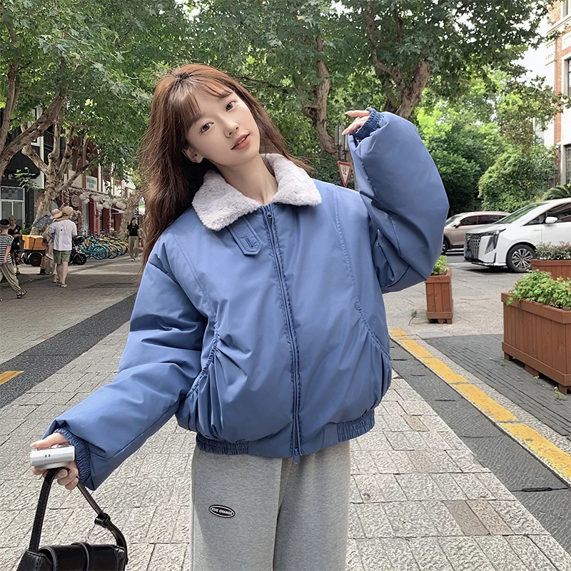 

Women's Winter Jacket Fashion Plush Collar Puffer Down Cotton Coat Harajuku Retro Lapel Short Parkas Korean Street Padded Jacket