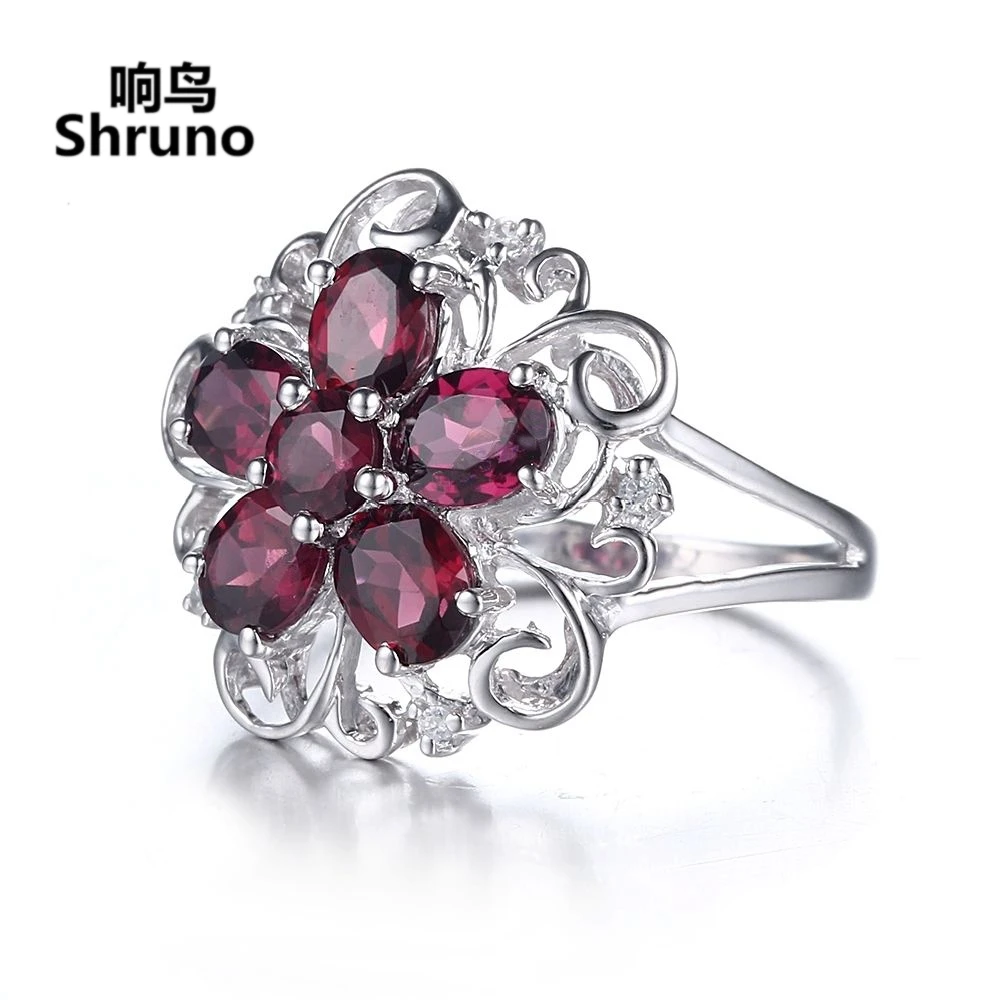 Shruno Solid 14K AU585 White Gold 2.8ct Natural Garnet Engagement Ring Real Diamonds Women Elegant Flower Fine Jewelry