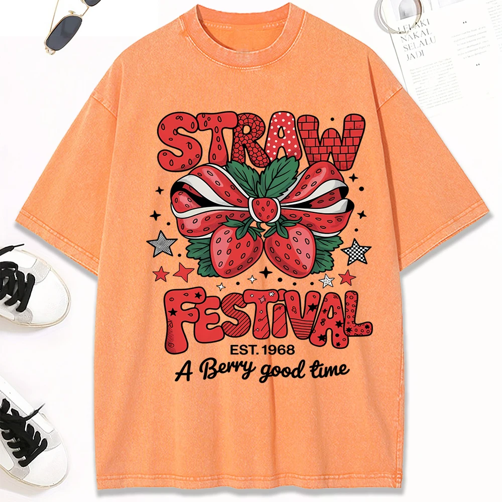 

Strawberry Festival A Berry Good Time Print Women Washed T-Shirt All-Match Casual T Shirts Cotton Summer Clothes Loose Top