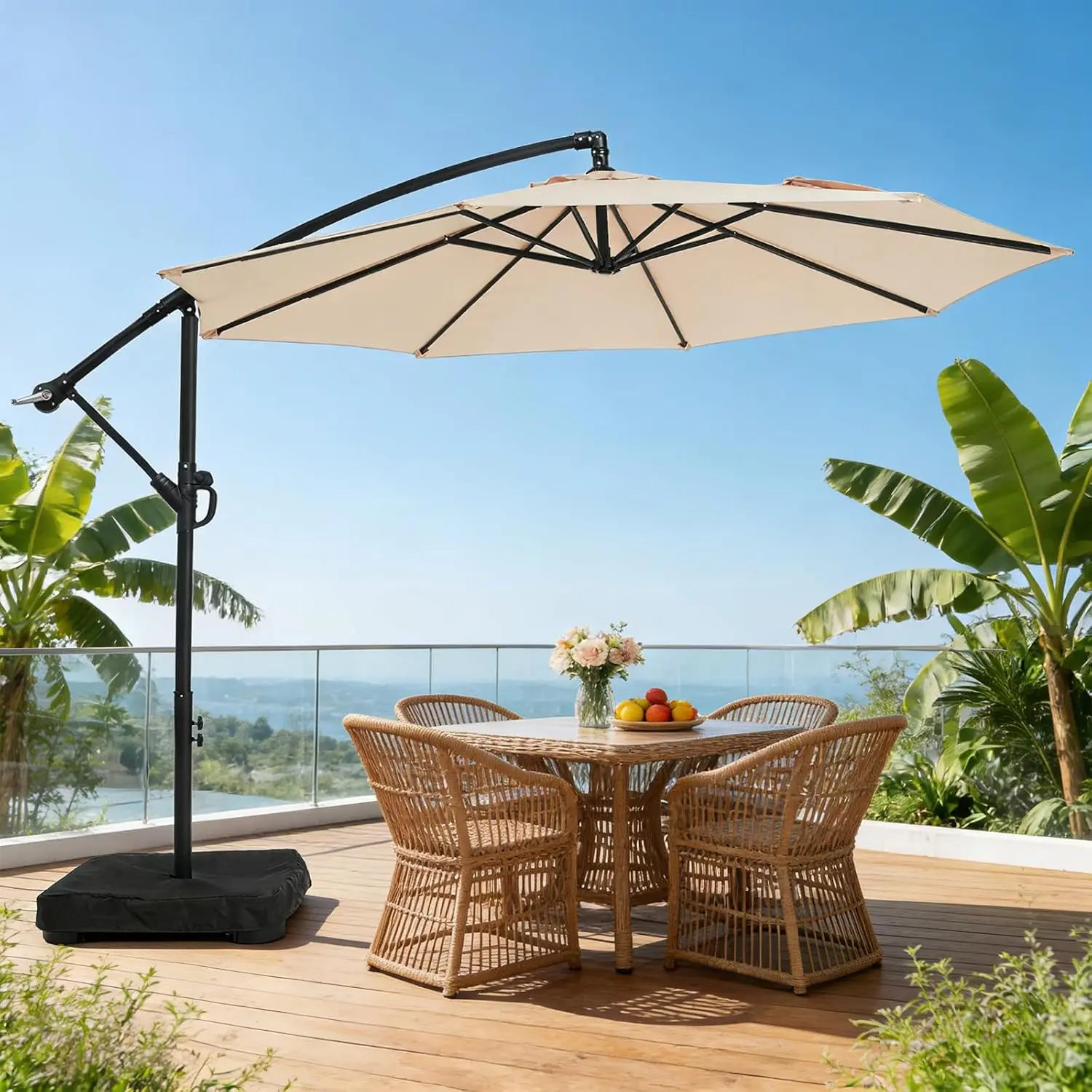 Sombrilla de Patio Desmontable de 3 Metros con Base de Bolsa de Arena, Fácil Inclinación y Manivela para Exteriores, Jardín, Piscina en Color Beige