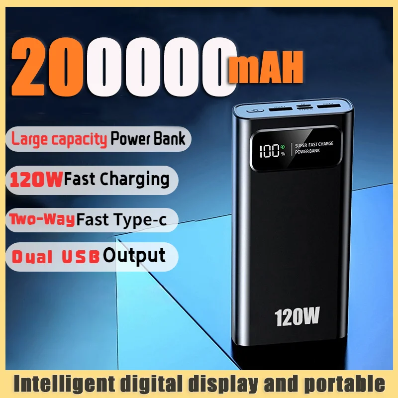 200000mah Power Bank 120W Super Fast Charging Large Capacity Power Portable Digital Display External Battery For iphone Xiaomi