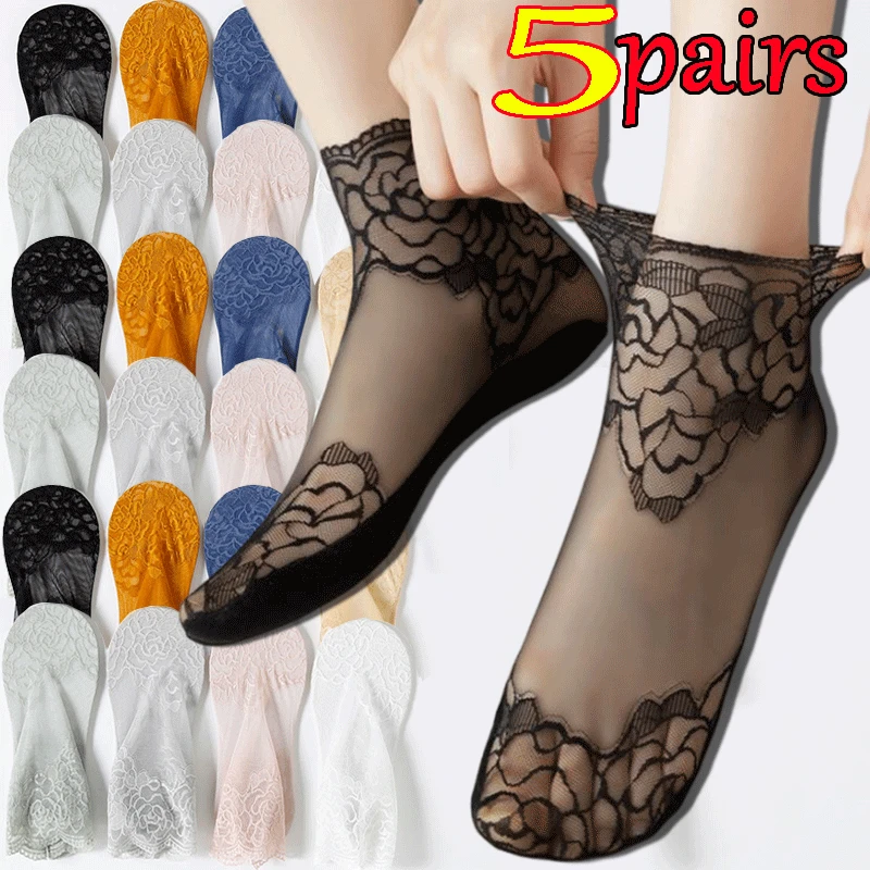 

1/5 пар, женские сетчатые носки с цветочным кружевом