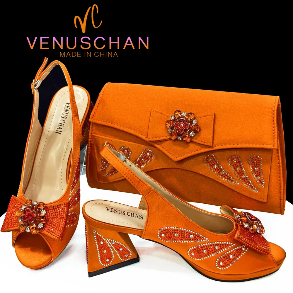 

Venus Chan Italian Shoes and Bags Matching Set 2024 Orange Color Bow Rhinestones Peep Toe Women High Heel Evening Party Shoes