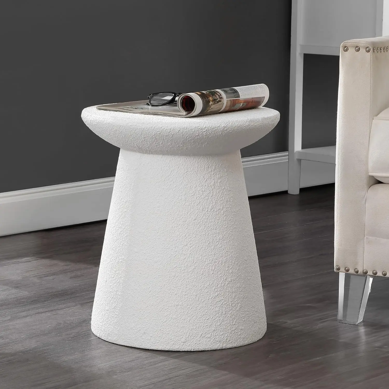 18-inch Minimalist Modern Drum Indoor/Outdoor Accent Table, White Frosted, for Patio, Bathroom, Living Room