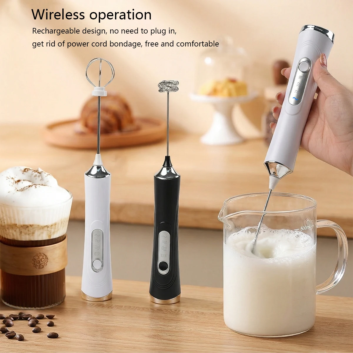 New Dual-Head Electric Milk Frother, USB Rechargeable Coffee Milk Frother, Household Milk Frother, Handheld Whisk and Egg Beater, Food Mixer, with Two Heads and Three Adjustable Settings, Comes with a 600Mah Battery, Essential Tool for Baking and Making Coffee, Kitchen Food Tool