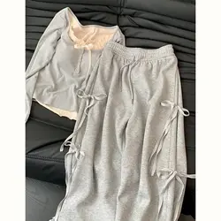 Traje de dos piezas para mujer, Top informal gris con diseño de lazo, pantalones de pierna ancha ajustados de cintura alta, Primavera, 2024