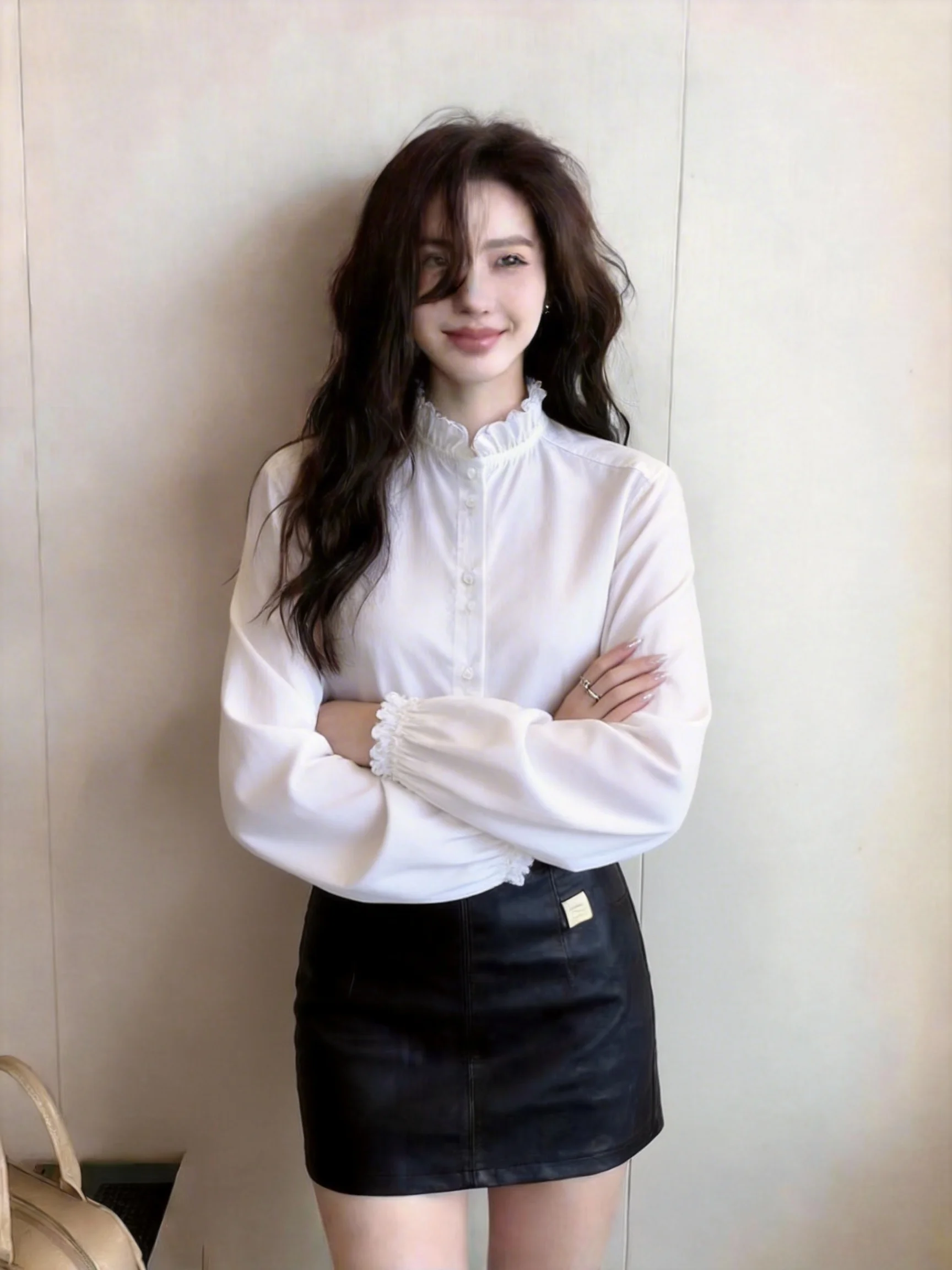 

Elegant White Shirt Women's Spring Autumn Stand Collar Long Sleeve Design Sensation Small Audience Tender Style Top