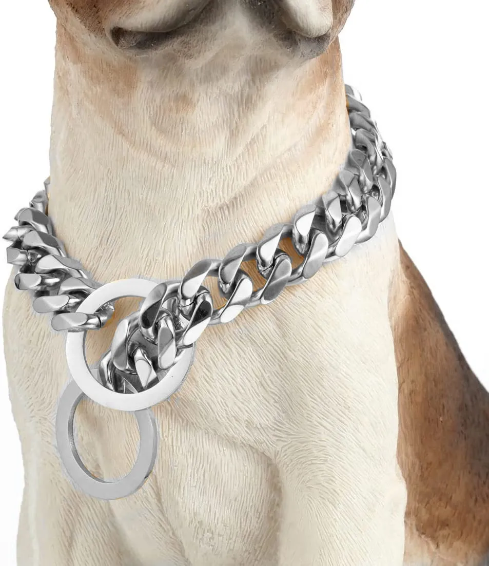 

Silver Dog P Chain Dog Chain Collar 316l Stainless Steel Cuban link Chain Dog Collar 11/15/19mm Wide 12-26inch for S,M,L Dogs