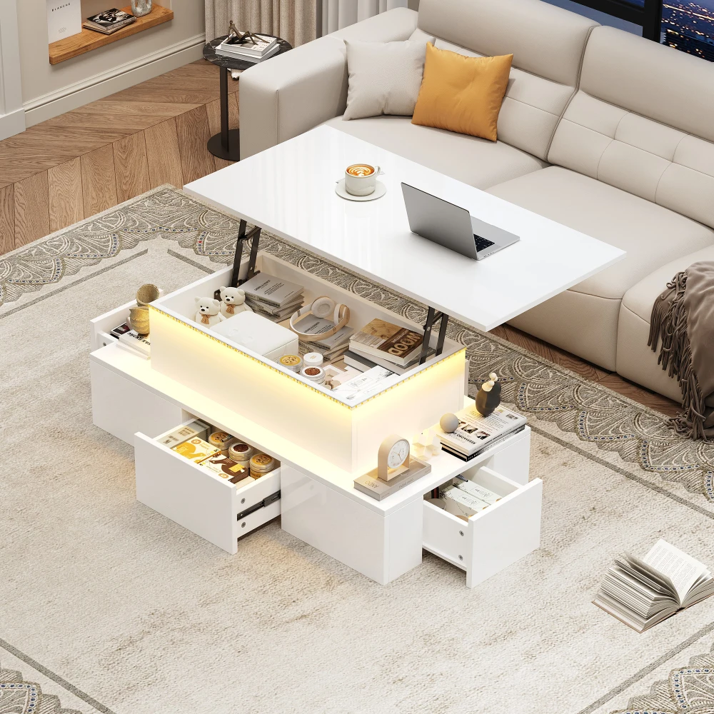 Ye Lift-Top Coffee Table, Highgloss Centre Table with 4 drawers & LED lights, Lifting Sofa Side Table,100*50*40cm, white