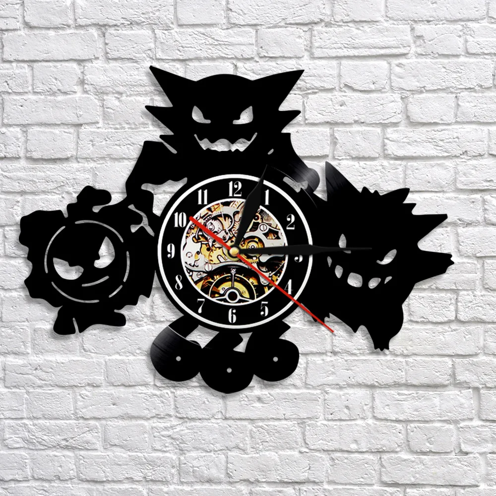 Pokemon Wall Clock Pikachu Gengar Snorlax Charizard Mewtwo Jigglypuff Black Vinyl Record Wall Clocks Cartoon Anime Home Decor