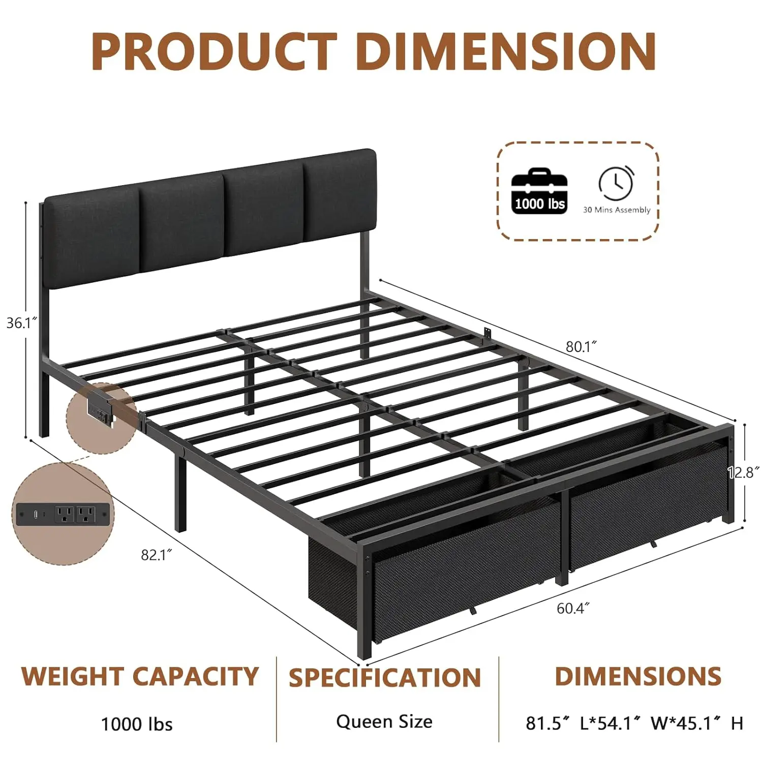 Queen Upholstered Bed with Storage Drawers & Charging Station, LED, Metal Frame, Easy Assembly, No Box Spring, Customized