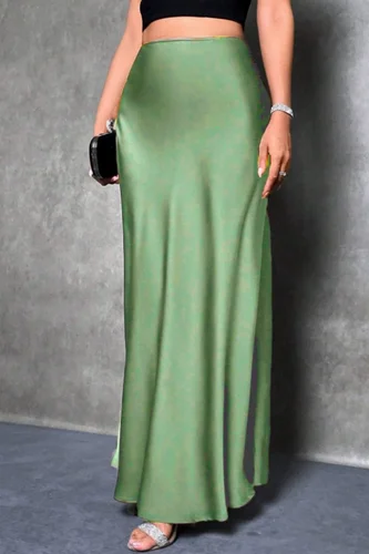 Elegante falda midi de satén similar a la seda con cintura alta y cola de sirena para mujer en primavera y verano
