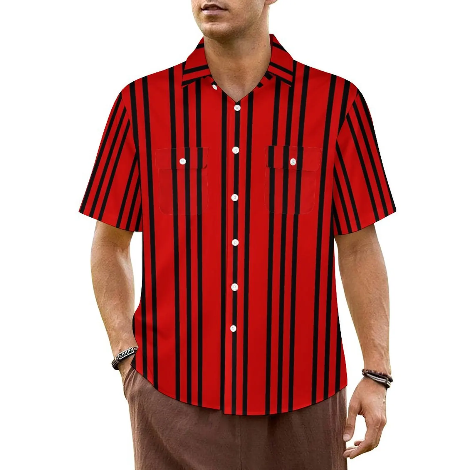 

Vertical Striped Hawaiian Shirt For Male Beach Black And Red Lines Casual Shirts Short Sleeve Fashion Novelty Oversized Blouses