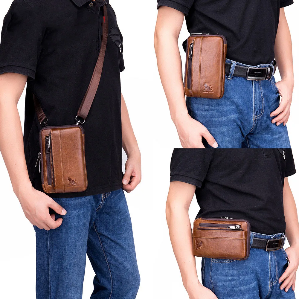 

Men's Cowhide Leather Waist Packs for Men Hip Bum Belt Bag with Shoulder Strap Travel Phone Pouch Fanny Messenger Shoulder Bag