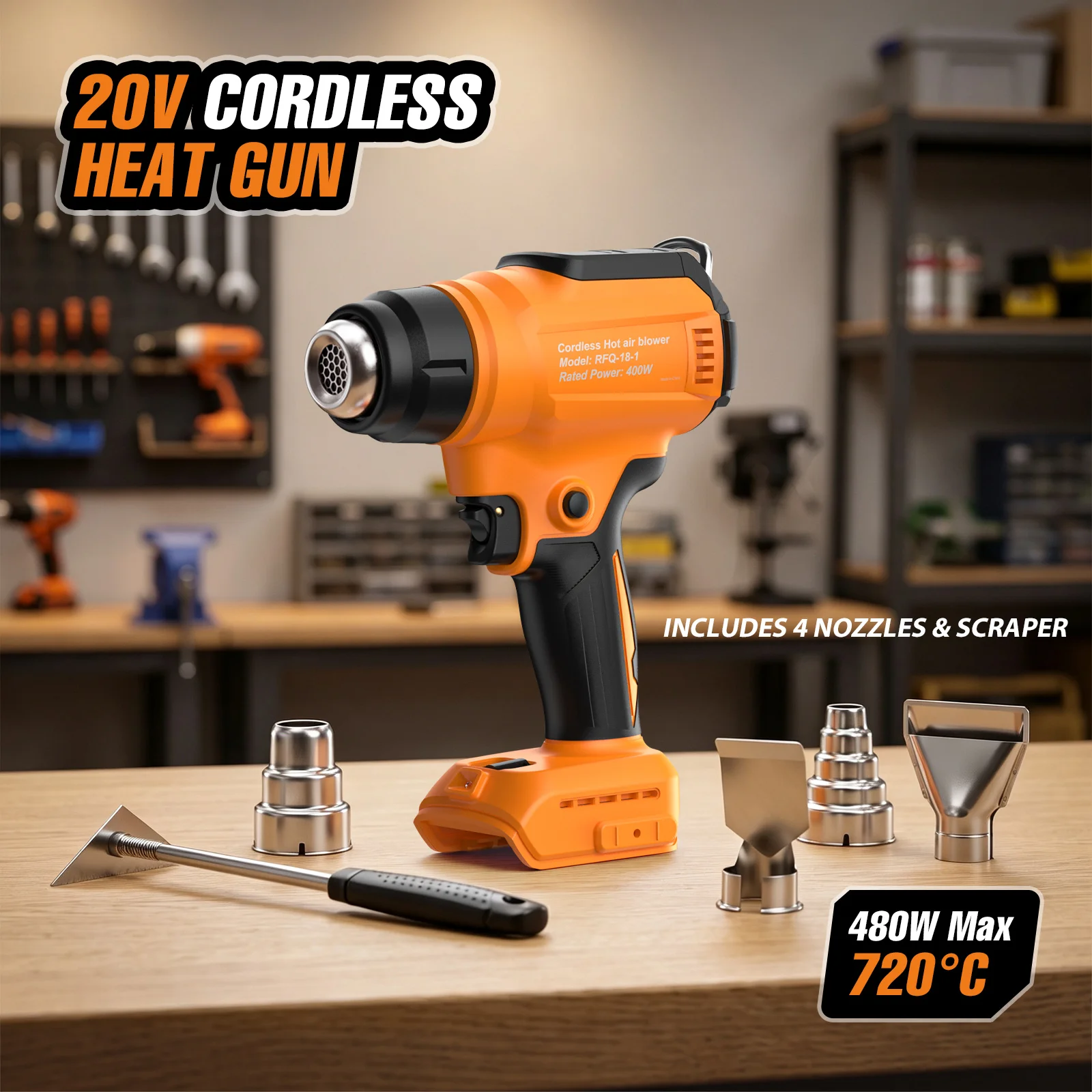 Akku-Heißluftpistole, kompatibel mit Makita- und Dewalt-Akkus, 480 W, 2 Geschwindigkeitsstufen, maximale Heizleistung 720. ℃ Mit LED-Licht zum Schrumpfen, Lackentfernen und Anbringen von Autofolien – Detail 1