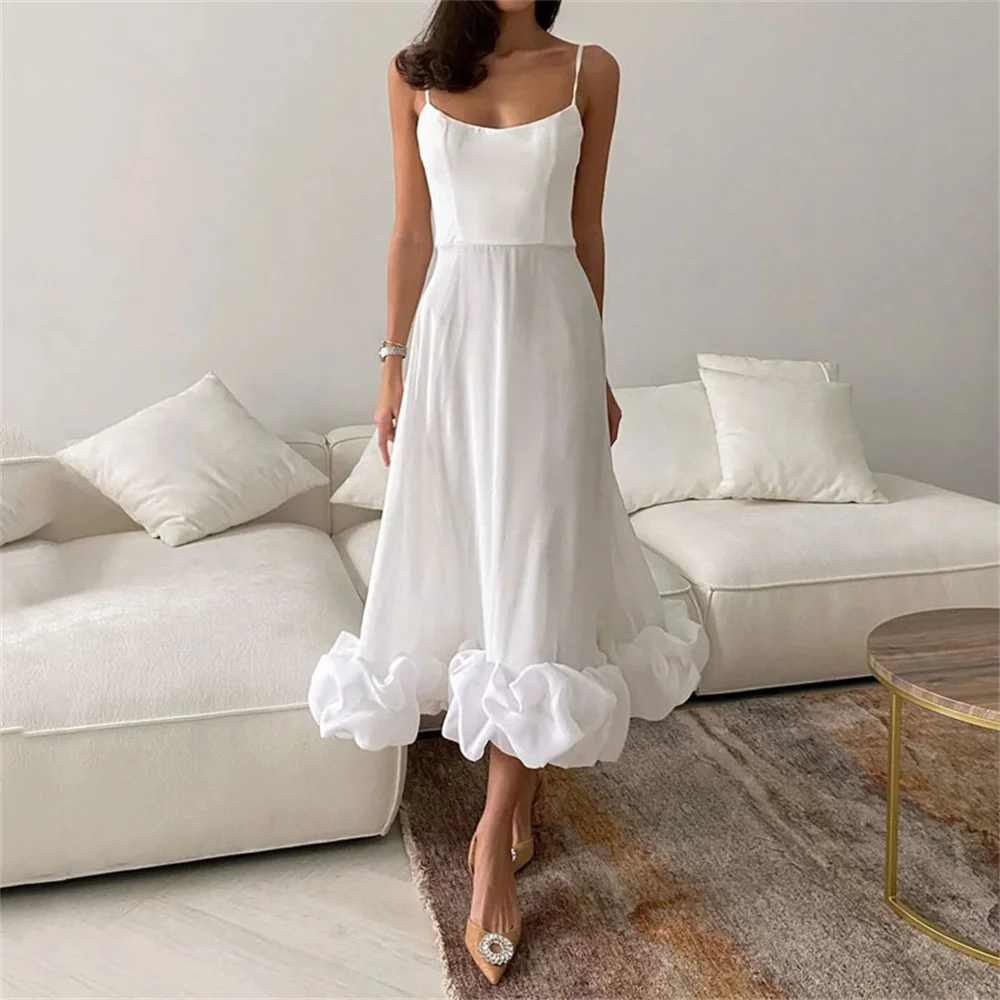 Women Flower Hem Pleated Spaghetti Strap Dress Elegant Solid Sleeveless A-line Backless Dress Female Party Vestidos