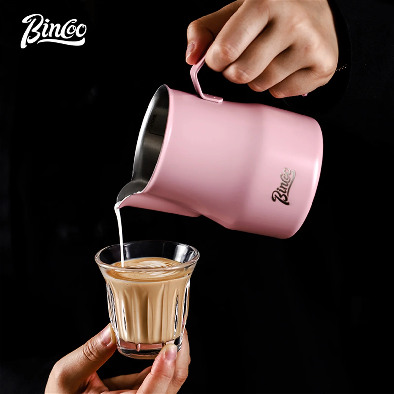 Bincoo Round Base Coffee Frothing Pitcher 300/450ml Pink Stainless Steel with Volume Markings for Home Cafe