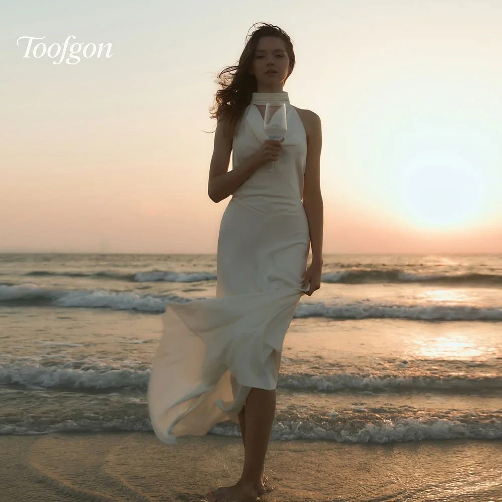 

Toofgon Sexy Halter Cowl Mermaid Beach Wedding Dresses Silk Satin Pearls Open Back Bride Gown Customized Formal Party Gowns