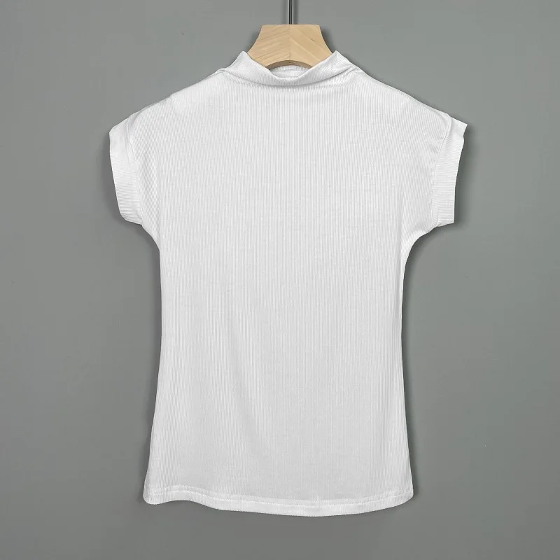 2026 الربيع الصيف الأساسية مطاطا سليم مضلع المحملة الكورية الصلبة الياقة المدورة تي شيرت المرأة مرونة قصيرة الأكمام بلايز Y2K الملابس