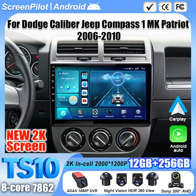9 Inch Android 16 For Dodge Caliber Jeep Compass 1 MK Patriot 2006-2010 Car Radio GPS Navigation Stereo Head Unit 2K QLED 8 Core