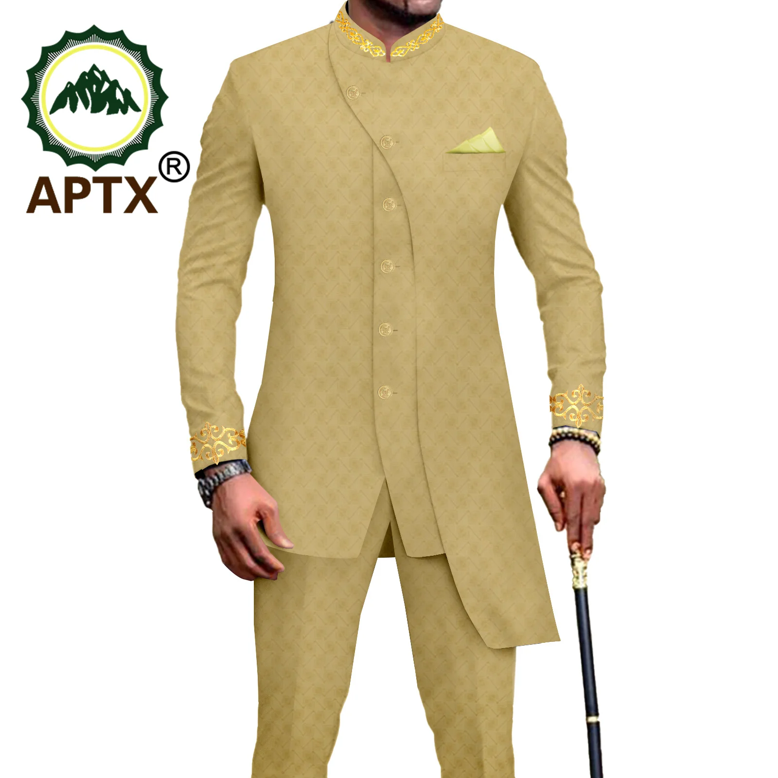 APTX Men's Suit Slim Fit Embroidery Single Breated Blazer and Pants Set with Kerchief Business Wear African Clothes A2316024