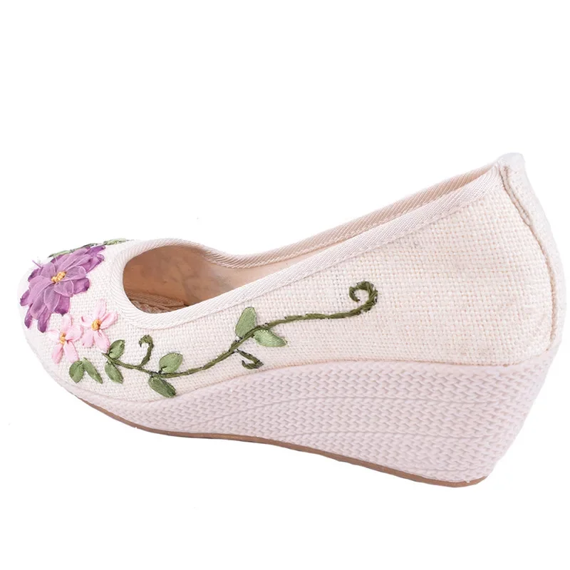 CEYANEAO Embroidered Women Shoes Ethnic Natural Linen Shoes Slope Heel Retro Cloth Canvas Soft-soled Dance Single ShoesE1360