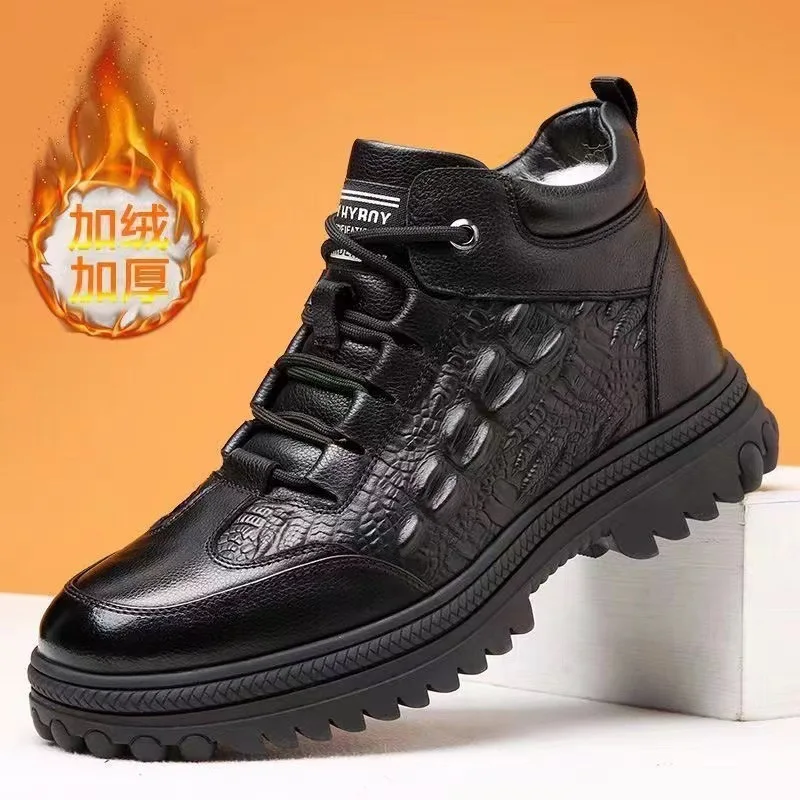 Winter Men's Casual Cotton Shoes Trendy Leather Shoes Men's Plush Thick Cotton Boots High Top Warm Cotton Shoes Men