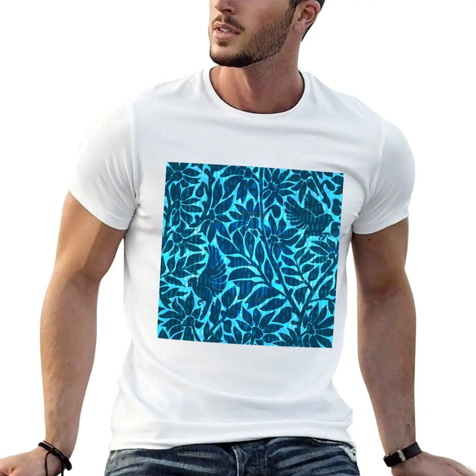 Blue on Blue Birds & Blooms Tonal and Textured Floral T-Shirt Holiday Simple Tee Shirt