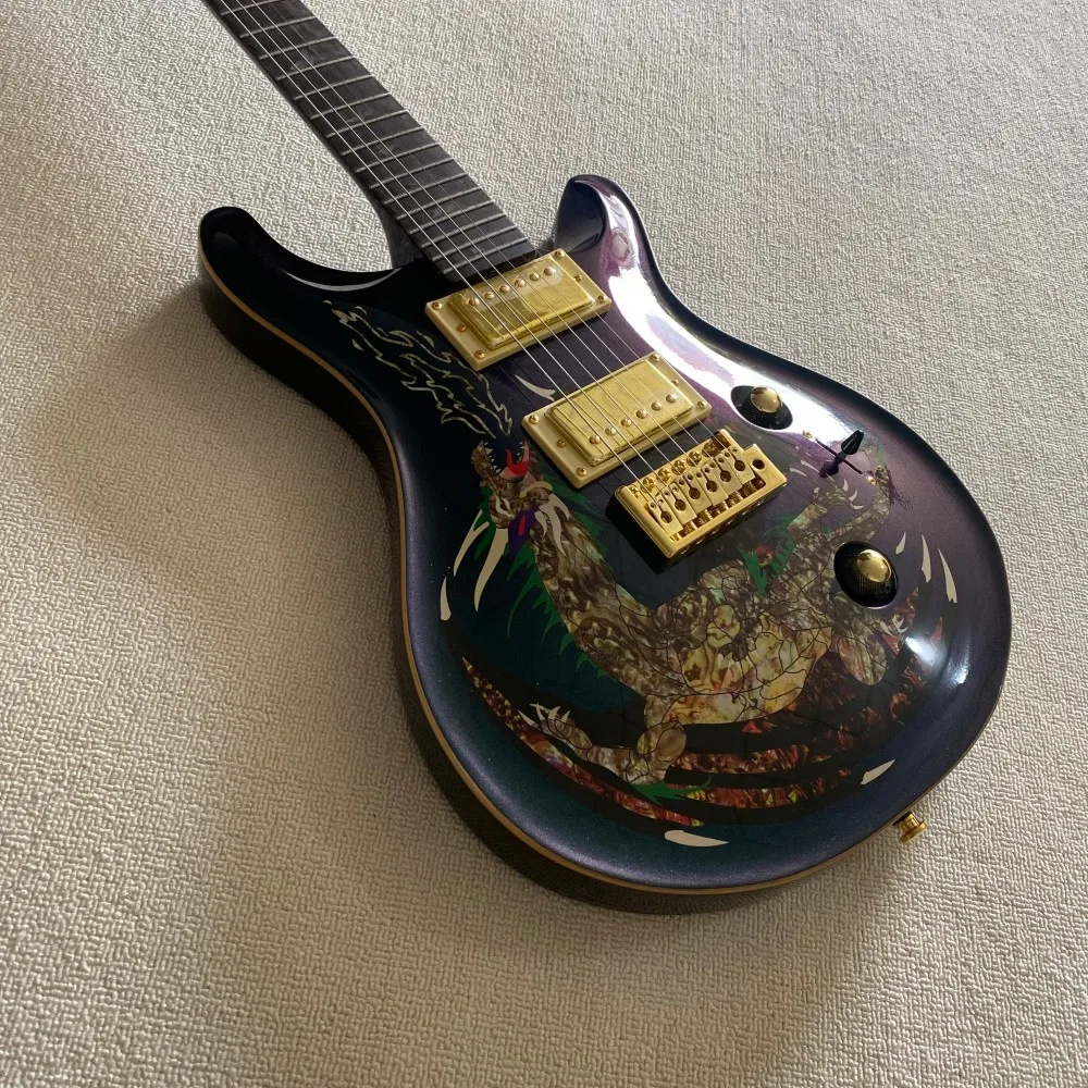 New Gradient Color Electric Guitar Dragon Print Panel Gold Accessory HH Pickup Suitable As A School Gift