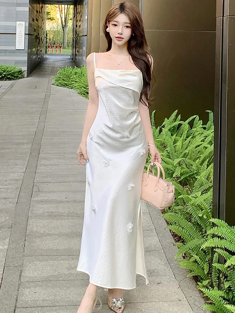 

2025 White Acetate Satin Casual Sling Long Dress Summer Elegant Daimonds Flower Dress Women Korean Fashion Bodycon Holiday Dress