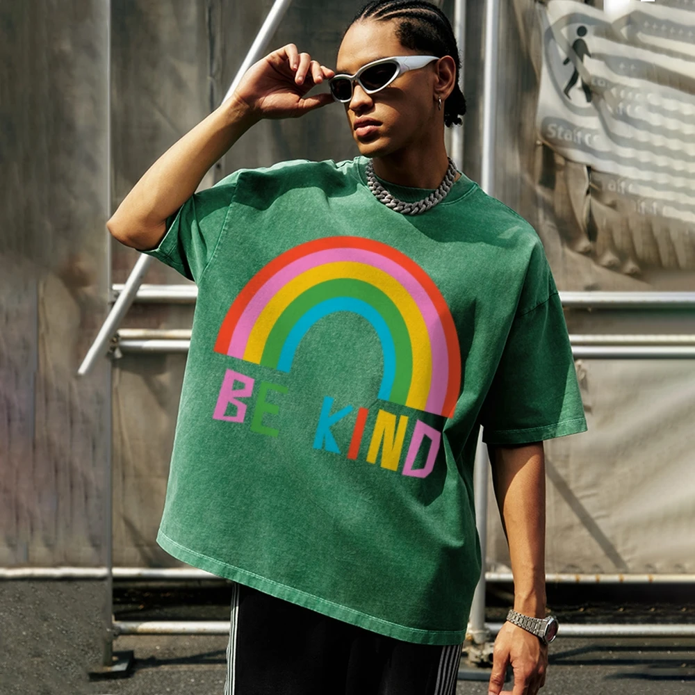 Color Rainbow Print T-Shirt Retro High Gram Weight Washed Denim Round Neck Neutral Wind Shoulder Down Trend New Short Sleeves