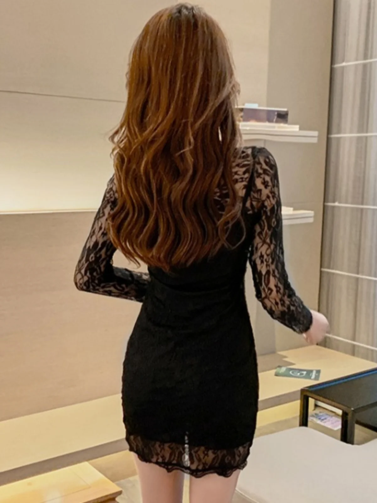Spring Hot Sexy Night Club Lace ort Skirt Tight Fit Bodycon Base Layer Wrap around Dr Korean Sle V Ne Long Sve