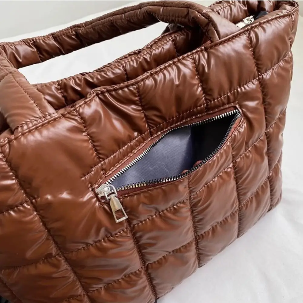 Tas Bahu Katun Gaya Korea Tas Tote Berlapis Katun Warna Polos Kotak-kotak Tas Tangan Nilon Ringan Kapasitas Besar