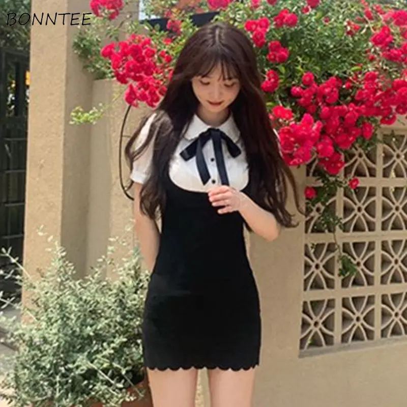 Short Sleeve Mini Dress Women Bow Patchwork Cute Preppy Korean Fashion Style Students Harajuku Tender Girls Summer Fake 2 Pcs