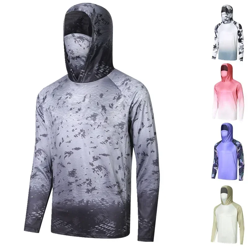 Hooded Fishing Shirts With Mask UV Neck Gaiter Clothing Men Breathable Moisture Wicking Fishing Jersey Tops