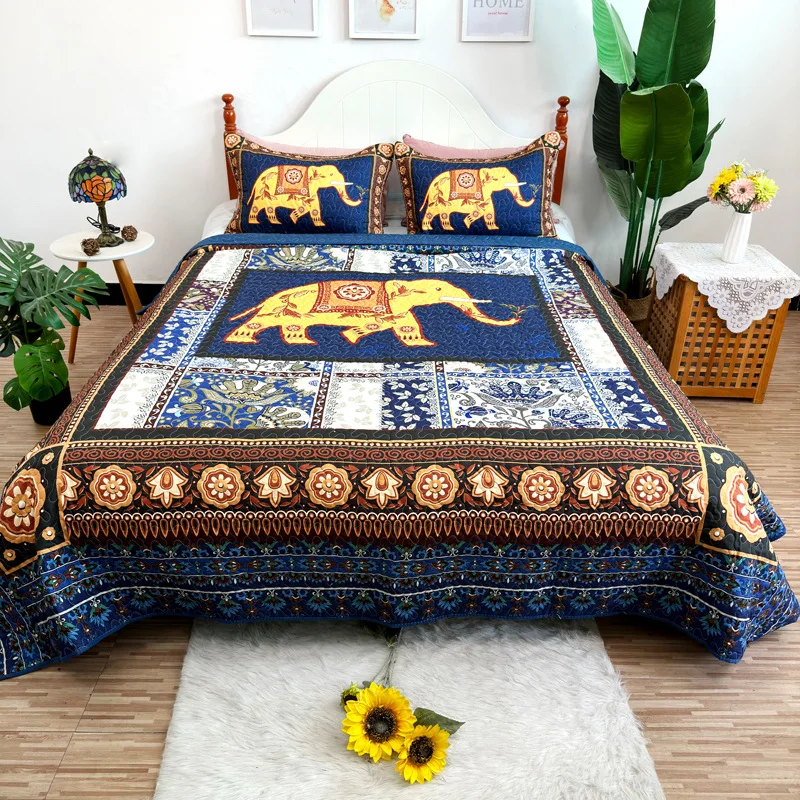 Boho Elephant Print Quilt Set Queen Size Lightweight 3-Piece Bedspread Coverlet Home Decor Bedding for All Season