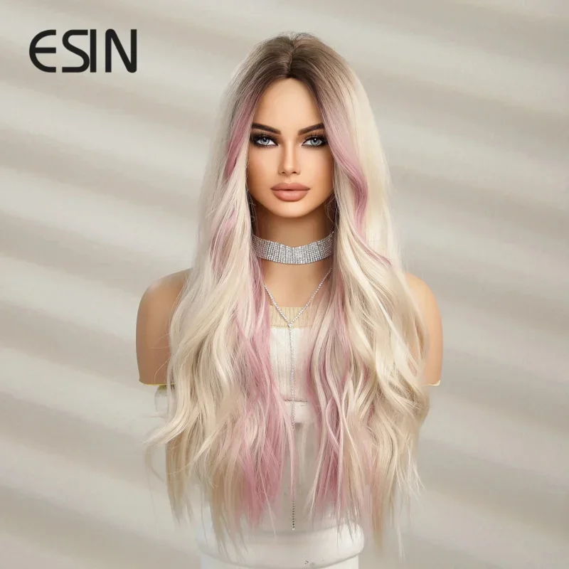 ESIN Synthetic Hair Long Water Wave Ombre Dark Root To Blonde Mixed Pink Middle Part Wigs For Women Natural Party Heat Resistant