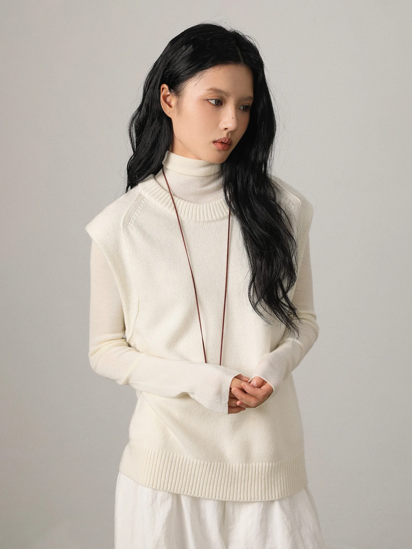 

Vimore Women's Knitted Wool Blend Vest Svel Casual High Collar Soft Fine Gauge Home Wear Straight Cut Loose Sle