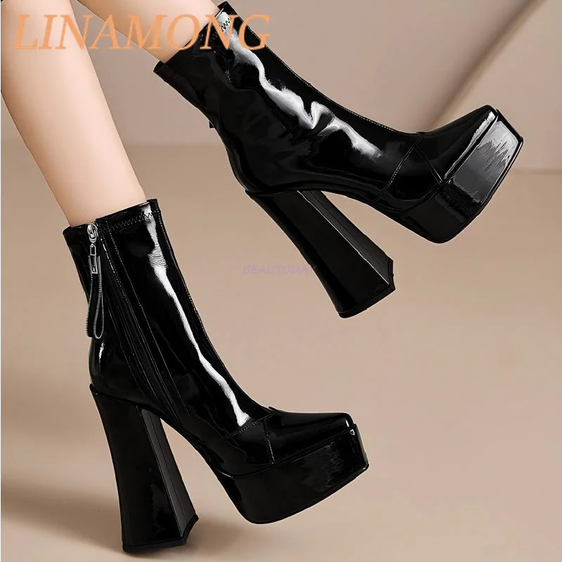 Stivaletti corti con cerniera laterale a punta affilata Tacco spesso Temperamento in pelle lucida Stivaletti corti versatili Stivali con tacco alto con suola spessa