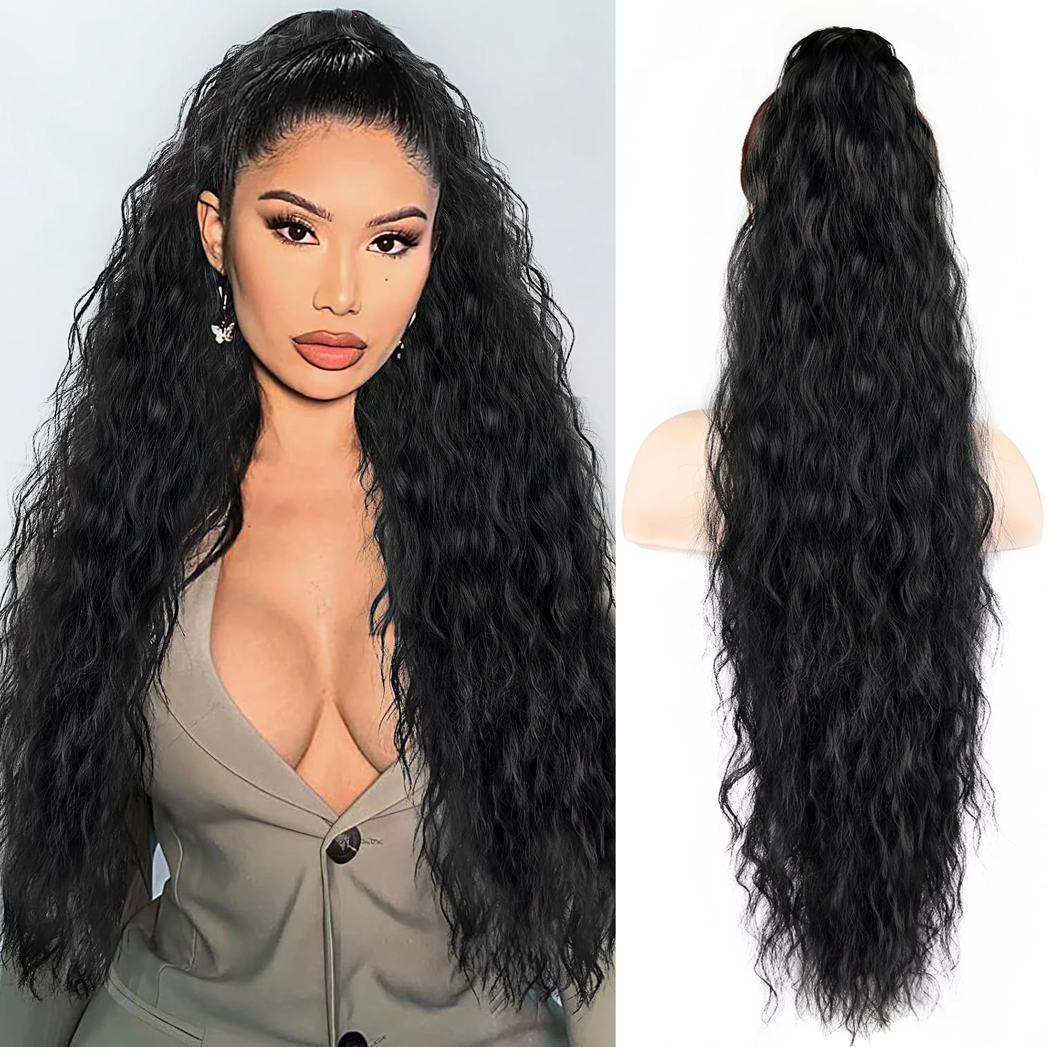 

Синтетическое наращивание хвоста, 26-дюймовые заколки для хвоста для женщин, длинные волнистые наращивание волос с конским хвостом, пушистые, естественный вид