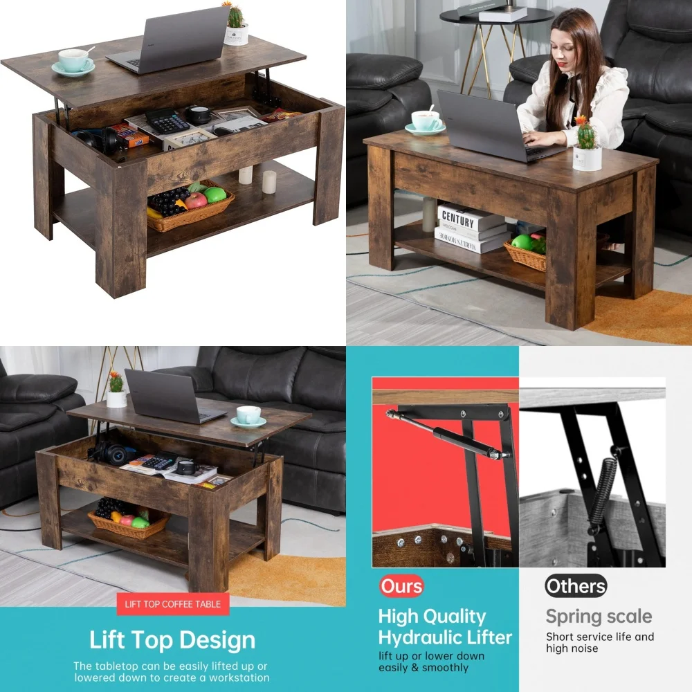 

Café TablesLift Top Coffee Table with Hidden Storage and Wooden Shelf for Living Room