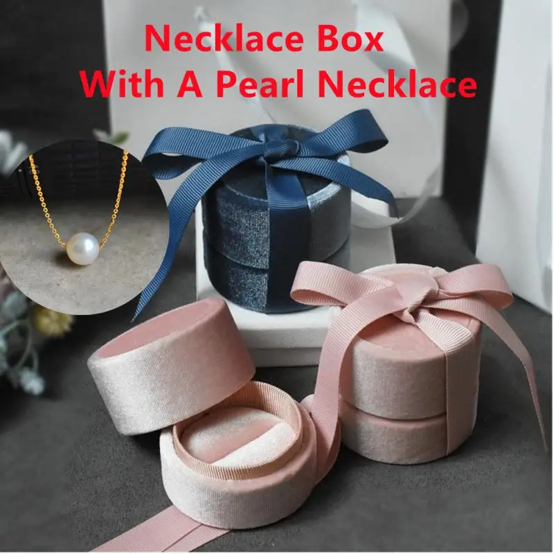 Corduroy Necklace Box With A Pearl Necklace Solid Color Bow Ribbon Pendant Storage Case Girl Organizer Weddying Gift Display