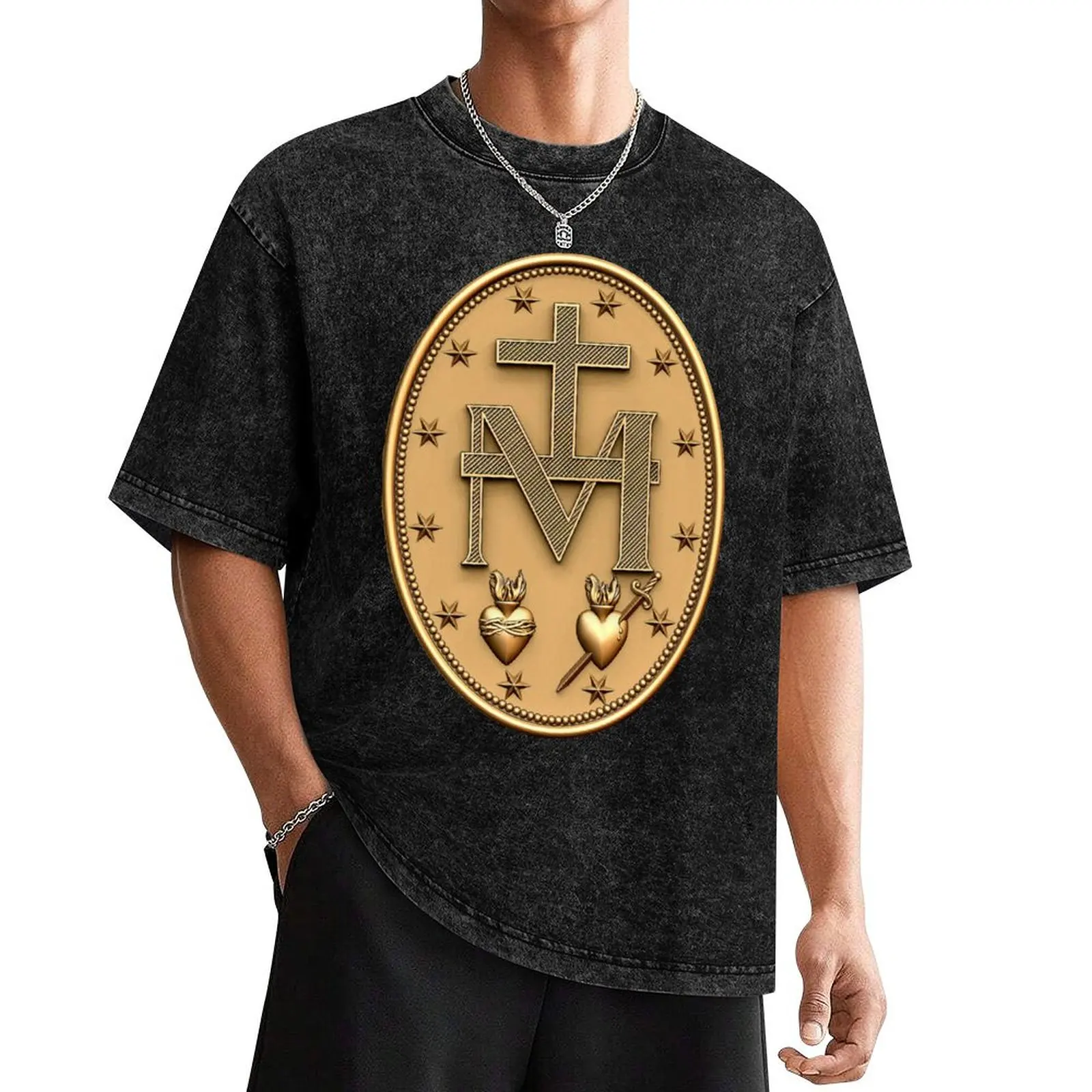 Camiseta con medalla milagrosa, camiseta con corazón sagrado de la Virgen María católica, camisetas gráficas de baloncesto, ropa estética, Camiseta de algodón para hombres