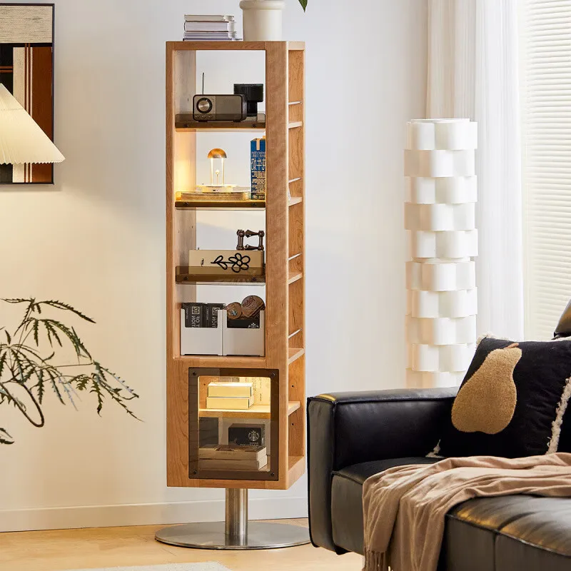 

Solid wood full body mirror rotating full-length mirror retro storage shelf bookcase, entrance cabinet rotating bookshelf floor